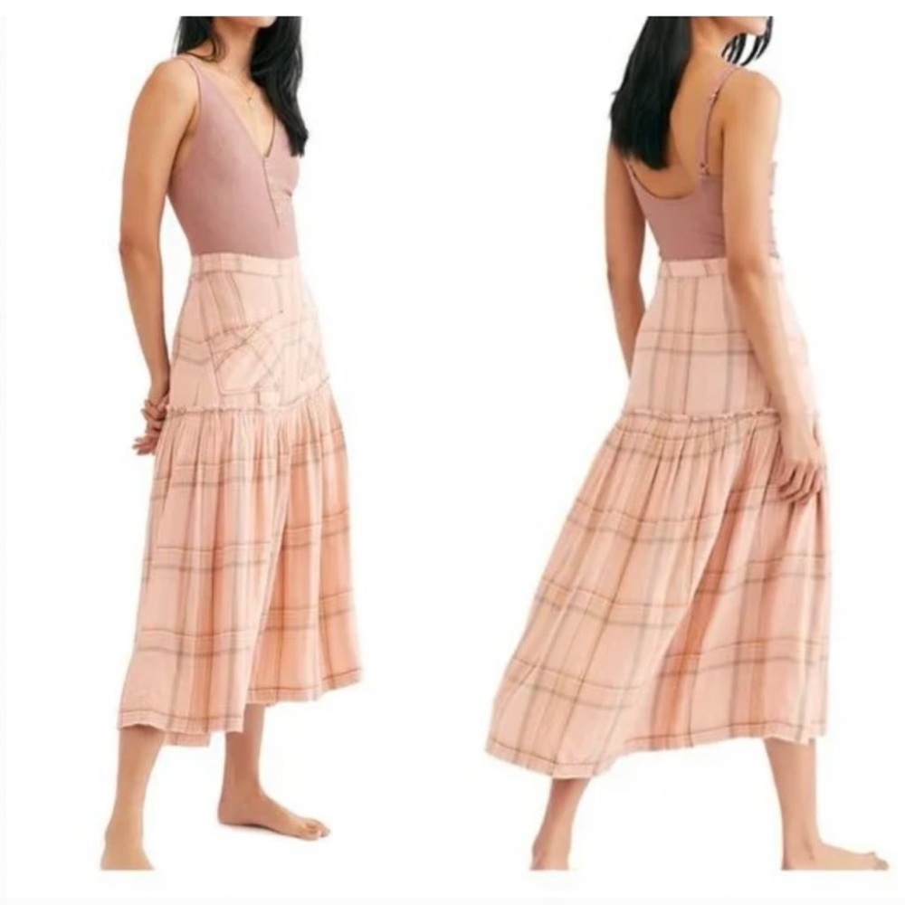 Free People Pink Plaid Raw Hem Midi Skirt size 2
